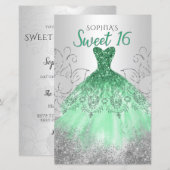 Budget Silver Green Dress Sweet 16 Einladung (Vorne/Hinten)