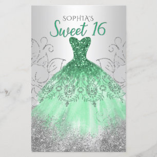 Budget Silver Green Dress Sweet 16 Einladung
