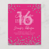 Budget Silver Hot Pink Confetti Sweet 16 Einladung (Vorderseite)