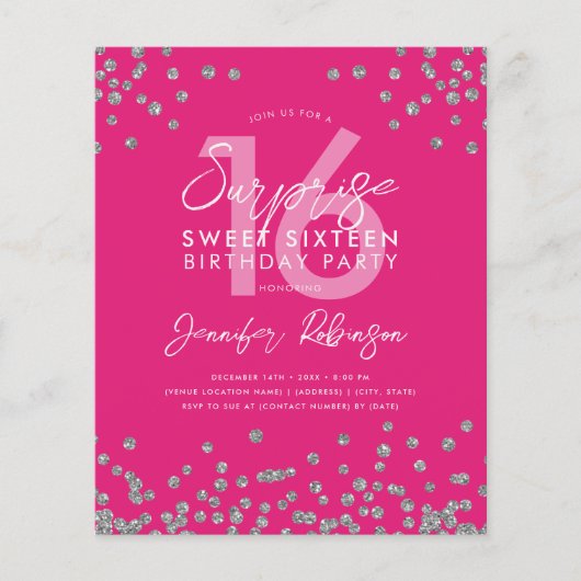 Budget Silver Hot Pink Confetti Sweet 16 Einladung (Vorderseite)