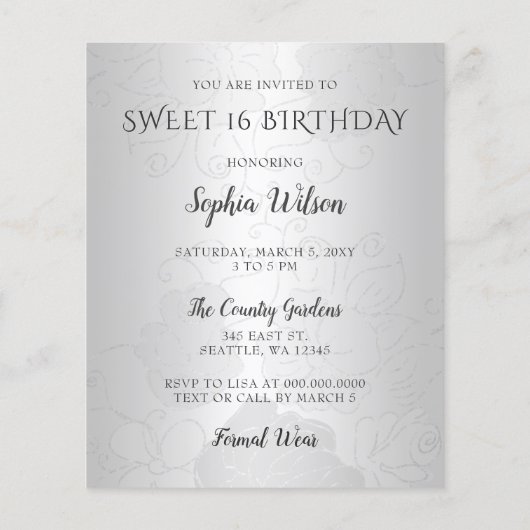 Budget Silver Lila Dress Sweet 16 Einladung (Rückseite)