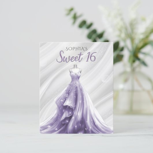 Budget Silver Lila Dress Sweet 16 Einladung (Stehend Vorderseite)