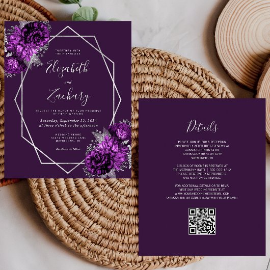 Budget Silver Lila Floral Plum QR Code Hochzeit
