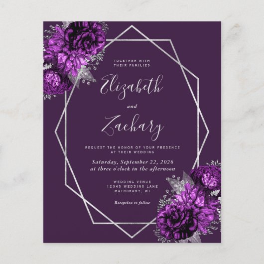 Budget Silver Lila Floral Plum QR Code Hochzeit (Vorderseite)