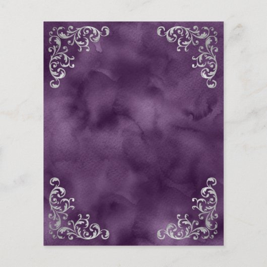 Budget Silver Lila Vintage Wedding Menu (Rückseite)