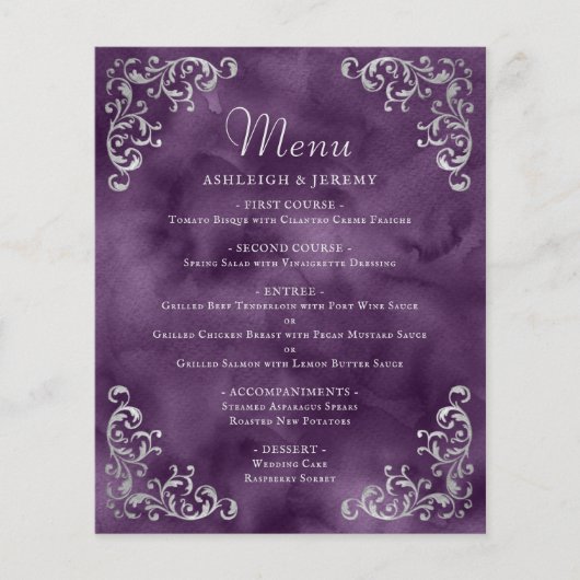 Budget Silver Lila Vintage Wedding Menu (Vorderseite)