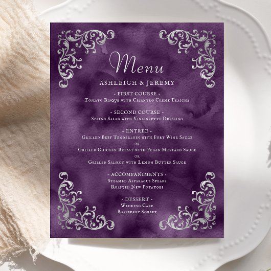 Budget Silver Lila Vintage Wedding Menu