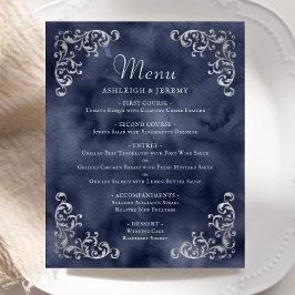 Budget Silver Navy Blue Vintage Wedding Menü