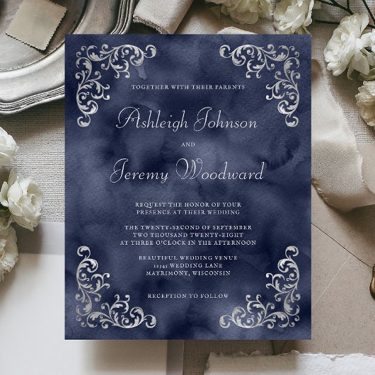 Budget Silver Navy Blue Wedding Einladung