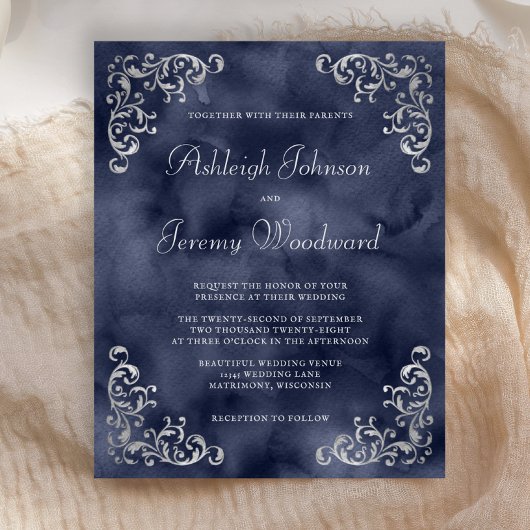 Budget Silver Navy Blue Wedding Einladung
