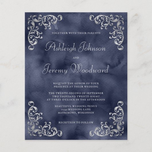 Budget Silver Navy Blue Wedding Einladung (Vorderseite)