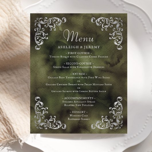 Budget Silver Olive Green Vintage Wedding Menü