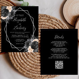 Budget Silver Peach Black Floral QR Code Hochzeit