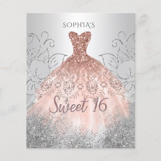 Budget Silver Rose Gold Dress Sweet 16 Einladung (Vorderseite)