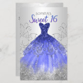 Budget Silver Royal Blue Dress Sweet 16 Einladung (Vorne/Hinten)