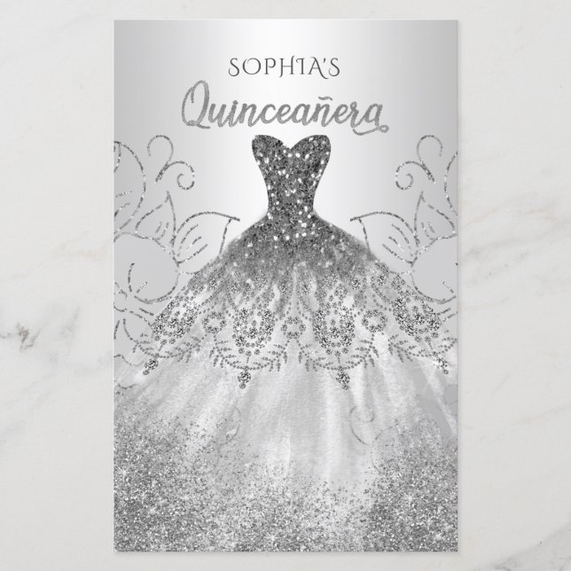 Budget Silver Sparkle Kleid Quinceañera Einladung (Vorderseite)