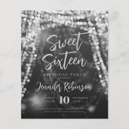 Budget Silver String Lights Sweet 16 Einladen Flyer (Vorne)