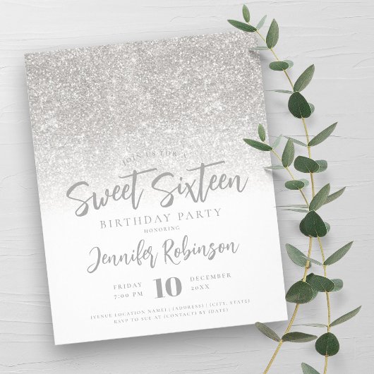 Budget Silver White Glitzer Sweet 16 Einladung Flyer