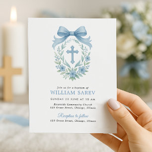 Budget Simple Blue Boy Taufe Einladung mit Bow