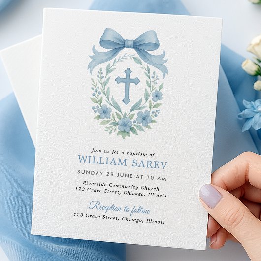 Budget Simple Blue Boy Taufe Einladung mit Bow