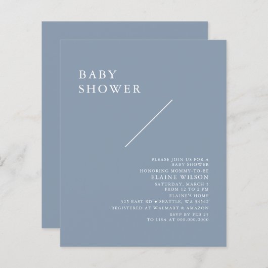 Budget Simple Blue Modern Baby Dusche Einladung (Vorne/Hinten)