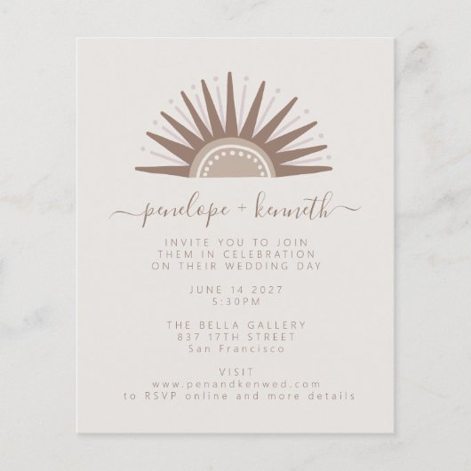 Budget Simple Boho Sun Taupe Wedding Einladung (Vorderseite)