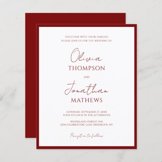 BUDGET Simple Burgundy Red Border Script Wedding (Vorne/Hinten)