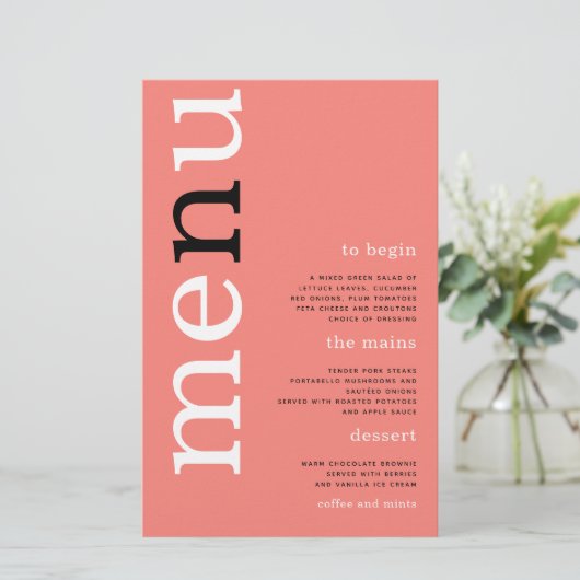 BUDGET Simple Coral Rose Typografy Wedding Menu (Stehend Vorderseite)
