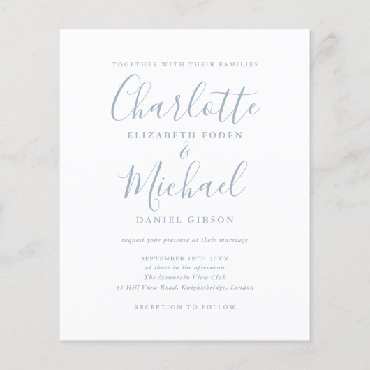 Budget Simple Dusty Blue Script Hochzeit Einladung (Vorderseite)