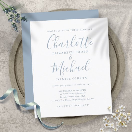 Budget Simple Dusty Blue Script Hochzeit Einladung