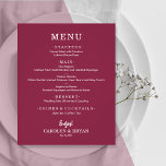 Budget Simple Elegant Cranberry Wedding Menu Flyer<br><div class="desc">An affordable value paper of 80 lb. weight, these small cranberry dinner menu cards feature your food choices in chic white lettering. Perfect for a modern wedding reception, wedding rehearsal dinner, anniversary party, or any special event with a sit-down dinner. *Measures 4.5" x 5.6" (or choose from 2 other sizes.)...</div>
