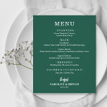 Budget Simple Elegante Emerald Green Wedding Menu<br><div class="desc">Eine Speisekarte auf Smaragdgrün,  mit einer Auswahl an Speisen in schick weißer Schrift. Ideal für einen modernen Hochzeitsempfang,  ein Hochzeitsdinner,  ein Jubiläum-Party oder ein besonderes Probe mit einem Dinner. Maßnahmen 4, 5" x 5, 6" (oder wählen Sie aus 2 anderen Größen) auf 110 lb. Umschläge sind kostenpflichtig.</div>
