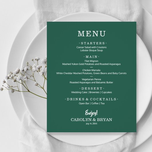 Budget Simple Elegante Emerald Green Wedding Menu
