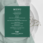Budget Simple Elegante Emerald Green Wedding Menu Flyer<br><div class="desc">Ein smaragdgrünes Abendmenü bietet Ihnen die Speisekarte mit schicken weißen Schriftzeichen. Ideal für einen modernen Hochzeitsempfang, ein Hochzeitsdinner, ein Jubiläum-Party oder ein besonderes Probe mit einem Dinner. Ein ausgezeichneter Wert, gedruckt auf dünneren 80lb Gewicht unbeschichtetes, mattes weißes Papier mit einem Gewicht von 4, 5" x 5, 6", aber Sie können...</div>