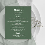 Budget Simple Elegante Evergreen Wedding Menu Flye Flyer<br><div class="desc">Diese Speisekarten sind ein preiswertes Papier mit einem Gewicht von 80 lb. und bieten eine elegante, weiße Schrift, auf der Sie Ihre Speisen genießen können. Ideal für einen modernen Hochzeitsempfang, ein Hochzeitsdinner, ein Jubiläum-Party oder eine besondere Veranstaltung mit einem Sit-down-Dinner. Maßnahmen 4, 5" x 5, 6" (oder aus 2 anderen...</div>