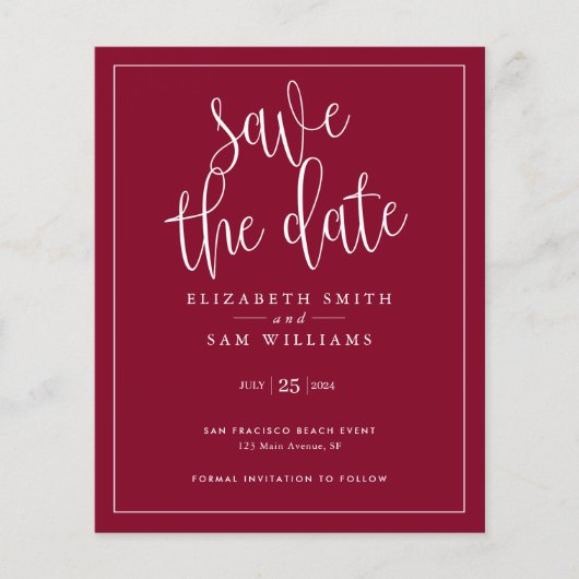 Budget Simple Elegany Burgundy Red Save the Date Flyer (Vorne)