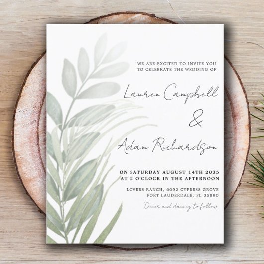 Budget Simple Foliage Green Wedding Einladung