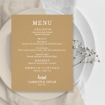 Budget Simple Gold Wedding Menu Flyer<br><div class="desc">Ein ausgezeichnetes Preis-Leistungs-Verhältnis, ein vergoldetes Dinner-Menü, gedruckt auf dünneren, 80 lb unbeschichteten matten Papier, bietet Ihnen die Speisen in eleganten weißen Schriften. Ideal für einen modernen Hochzeitsempfang, ein Hochzeitsdinner, ein Jubiläum-Party oder eine besondere Veranstaltung mit einem Sit-down-Dinner. Maßen 4.5" x 5.6", aber Sie können aus 3 Papiergrößen für Ihre Speisekarte...</div>