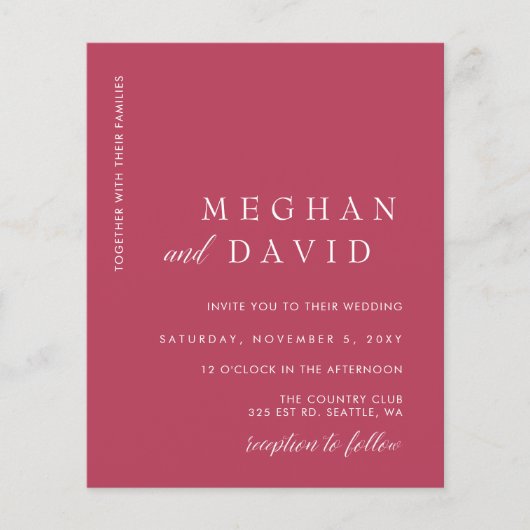 Budget Simple Magenta Minimal Wedding Einladung (Vorderseite)