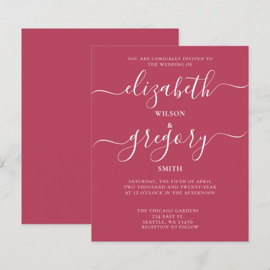 Budget Simple Magenta Modern Wedding Einladung (Vorne/Hinten)