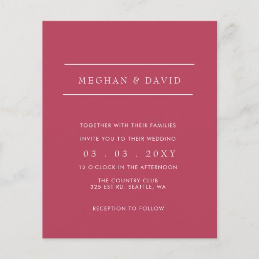 Budget Simple Magenta Modern Wedding Einladung (Vorderseite)