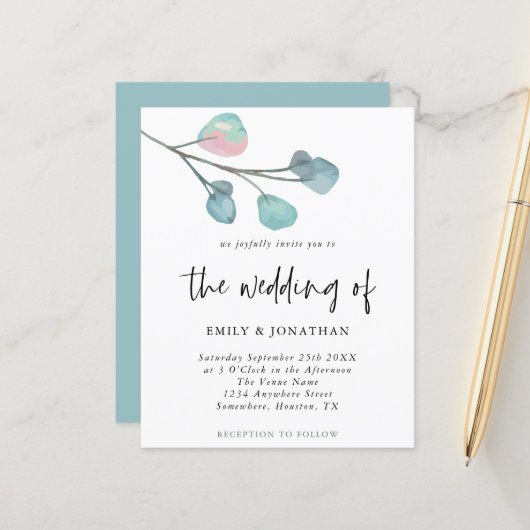 Budget Simple Pastel Eucalyptus Wedding Einladung (Vorderseite/Rückseite Beispiel)