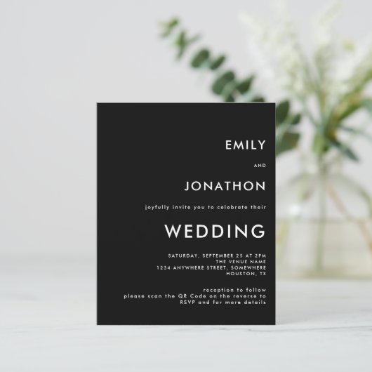 Budget Simple QR Code Black Wedding Einladung (Stehend Vorderseite)