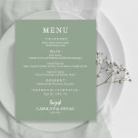Budget Simple Sage Green Wedding Menu Flyer<br><div class="desc">Ein ausgezeichneter Wert, ein auf dünnem, ungestrichenem Papier bedrucktes, grünes Abendmenü mit schick weißem Schriftzeichen. Ideal für einen modernen Hochzeitsempfang, ein Hochzeitsdinner, ein Jubiläum-Party oder ein besonderes Probe mit einem Dinner. Maßen 4.5" x 5.6", aber Sie können aus 3 Papiergrößen für Ihre Speisekarte wählen. Für dickere Menüs (das gleiche Design)...</div>
