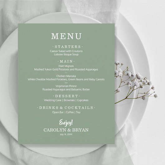 Budget Simple Sage Green Wedding Menu Flyer