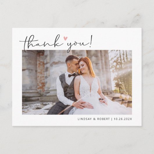 Budget Simple Script Wedding Foto Vielen Dank Postkarte (Vorderseite)