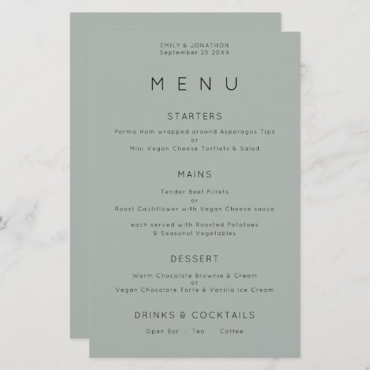 Budget Simple Silvery Sage Green Wedding Menu (Vorne/Hinten)