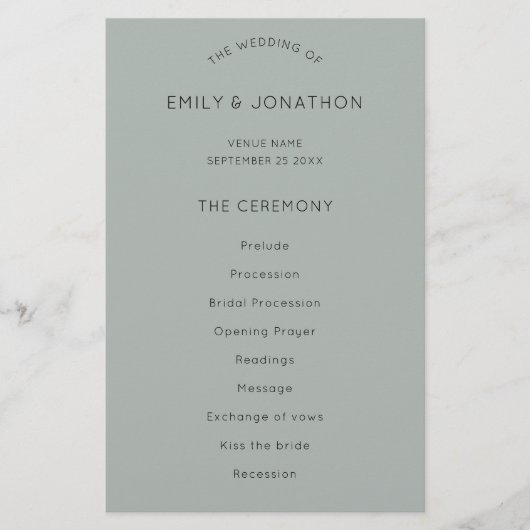 Budget Simple Silvery Sage Green Wedding Programm (Vorderseite)