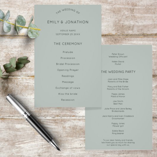 Budget Simple Silvery Sage Green Wedding Programm