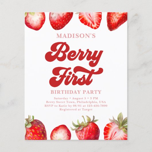 Budget Simple Strawberry Berry First Birthday (Vorderseite)
